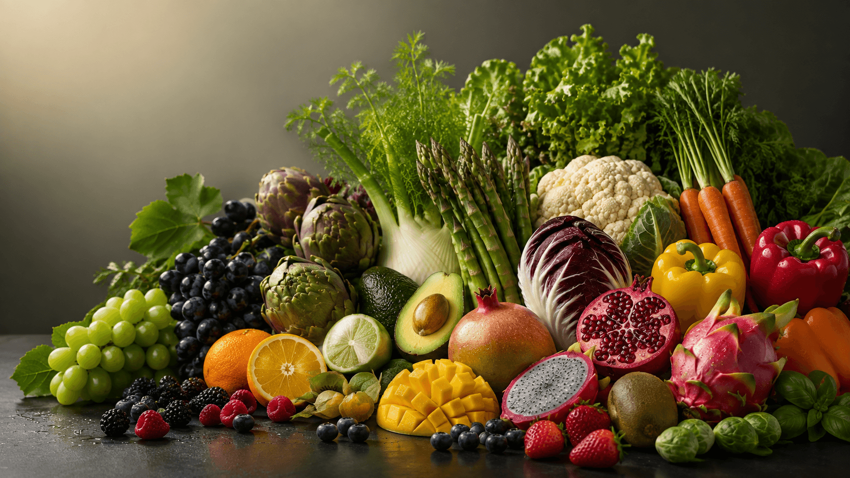 An abundant spread of imported fruit and vegetables